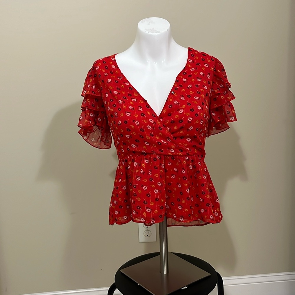 Madewell Red Tiered-Sleeve Peplum Top